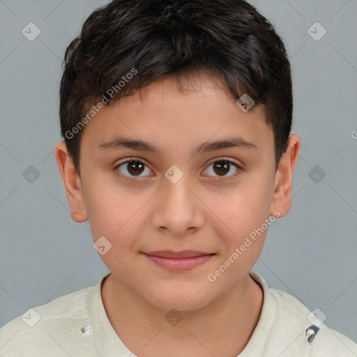 Joyful white child male with short  brown hair and brown eyes