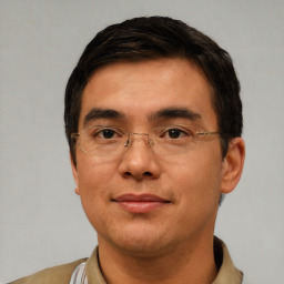 Joyful white adult male with short  black hair and brown eyes