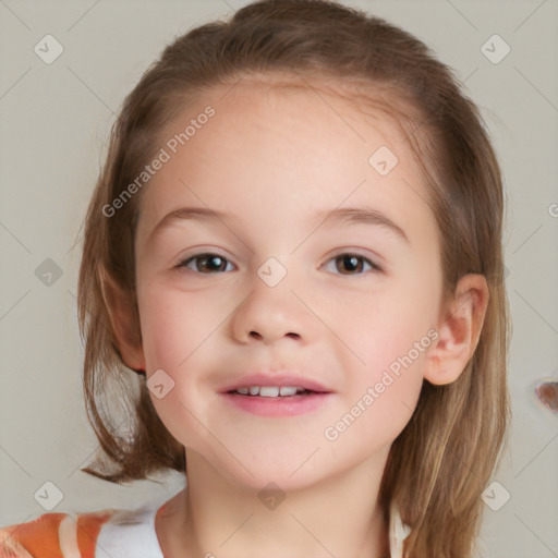 Joyful white child female with medium  brown hair and blue eyes