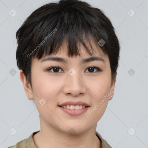 Joyful asian young-adult female with short  brown hair and brown eyes