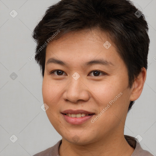 Joyful white adult female with short  brown hair and brown eyes