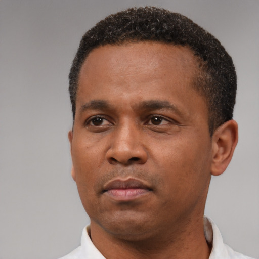 Neutral latino adult male with short  black hair and brown eyes