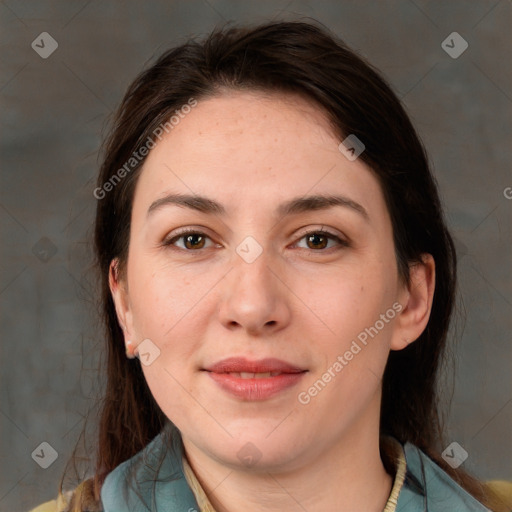 Joyful white young-adult female with medium  brown hair and brown eyes