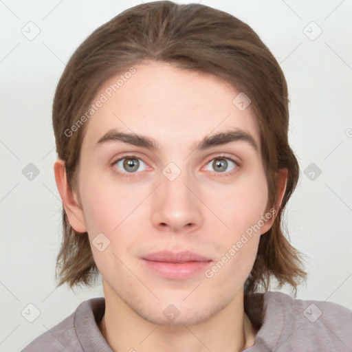 Neutral white young-adult female with medium  brown hair and grey eyes