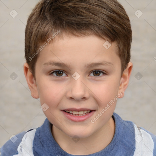 Joyful white child male with short  brown hair and brown eyes