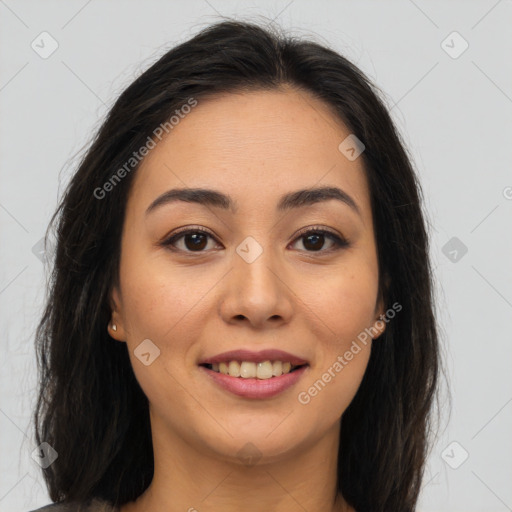 Joyful asian young-adult female with long  brown hair and brown eyes