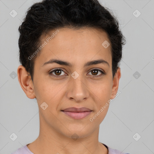 Joyful latino young-adult female with short  brown hair and brown eyes