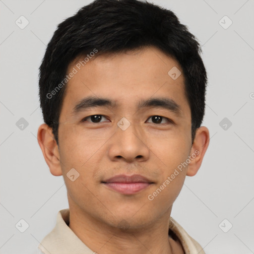 Neutral asian young-adult male with short  brown hair and brown eyes