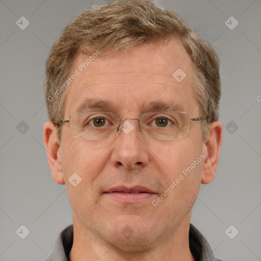 Joyful white middle-aged male with short  brown hair and grey eyes