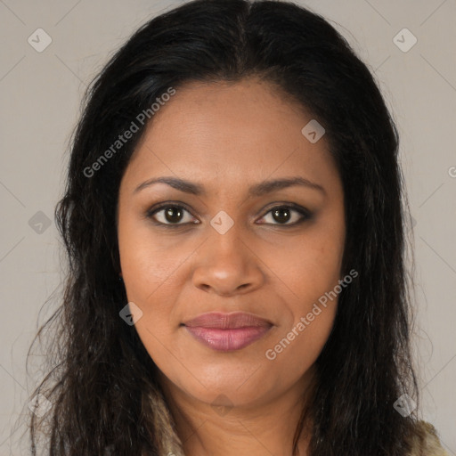 Joyful black young-adult female with long  brown hair and brown eyes