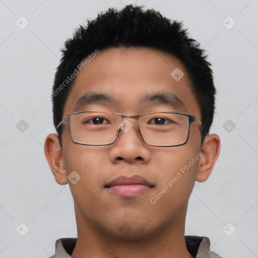 Neutral asian young-adult male with short  black hair and brown eyes