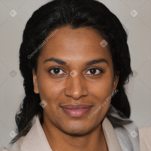 Joyful black young-adult female with medium  black hair and brown eyes