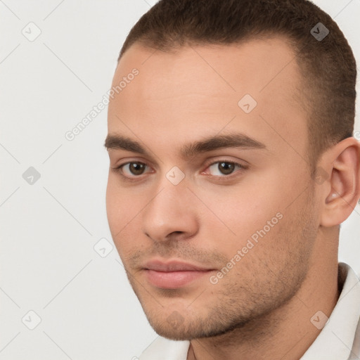 Neutral white young-adult male with short  brown hair and brown eyes