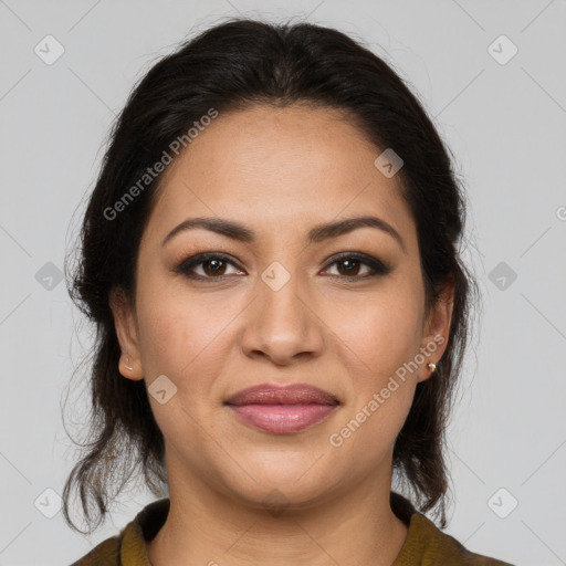 Joyful latino young-adult female with medium  brown hair and brown eyes