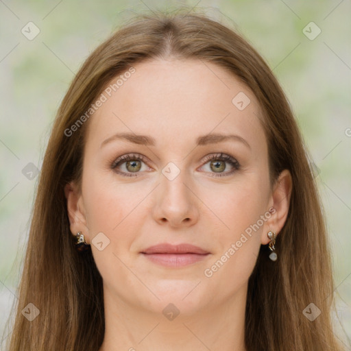 Joyful white young-adult female with long  brown hair and green eyes