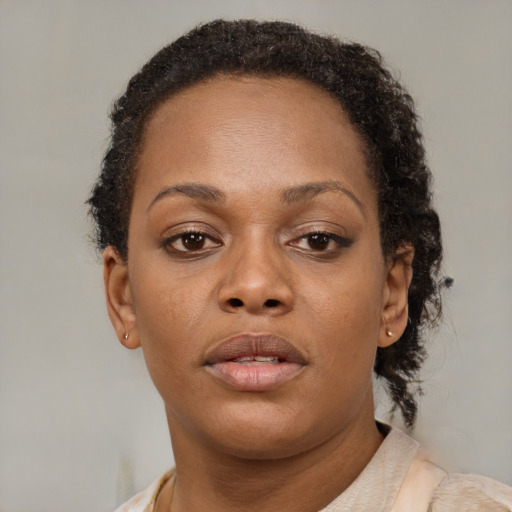 Neutral black adult female with short  brown hair and brown eyes