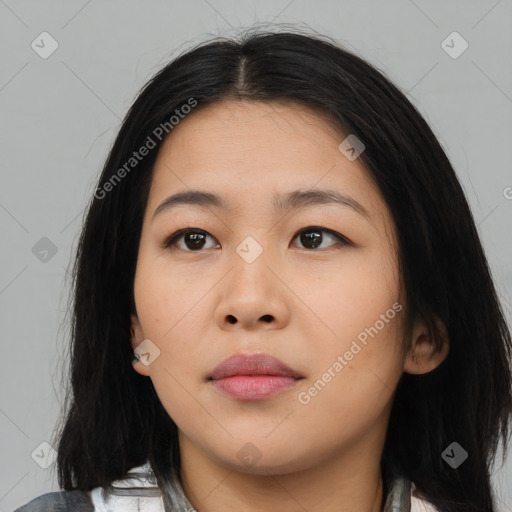 Neutral asian young-adult female with medium  black hair and brown eyes