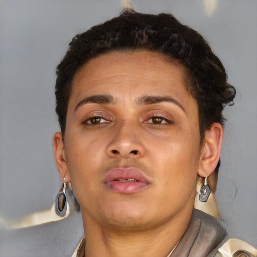 Neutral white young-adult female with short  brown hair and brown eyes