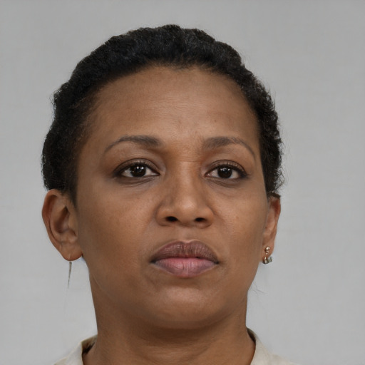 Neutral black adult female with short  brown hair and brown eyes