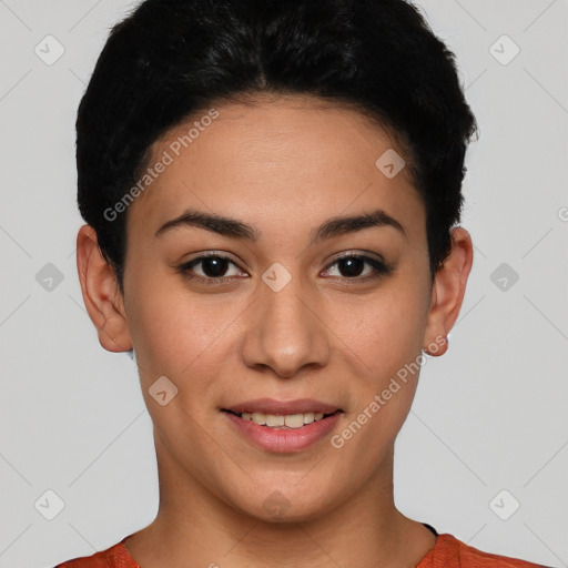 Joyful latino young-adult female with short  brown hair and brown eyes