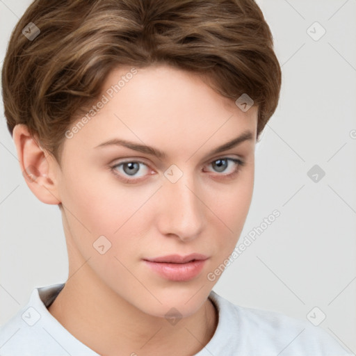 Neutral white young-adult female with short  brown hair and brown eyes