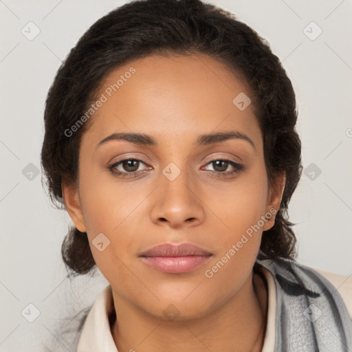 Neutral latino young-adult female with long  brown hair and brown eyes