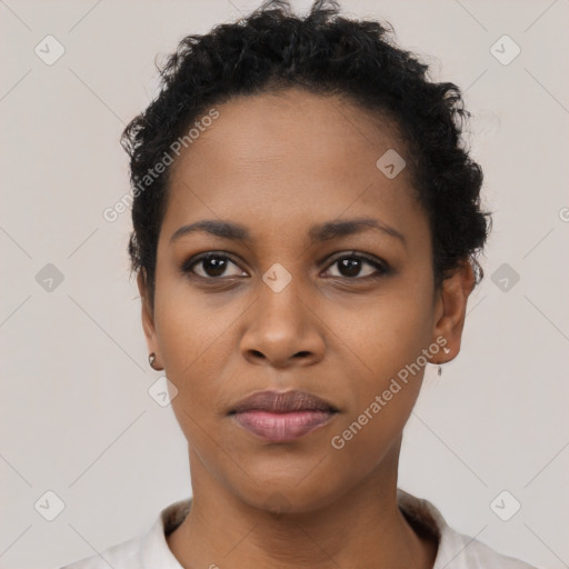 Neutral black young-adult female with short  black hair and brown eyes