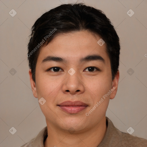 Joyful asian young-adult male with short  brown hair and brown eyes