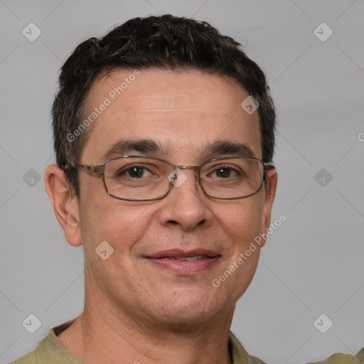 Joyful white adult male with short  brown hair and grey eyes