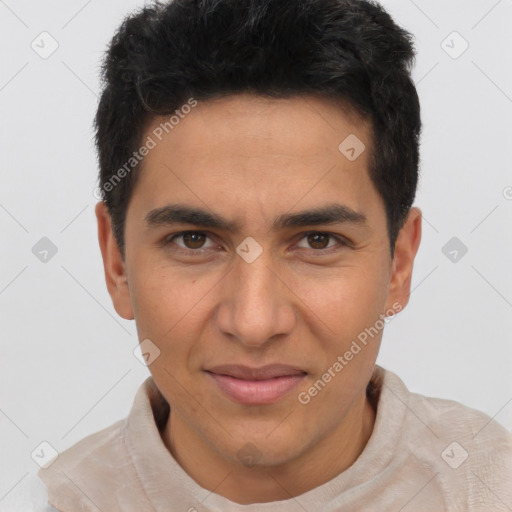 Joyful latino young-adult male with short  brown hair and brown eyes