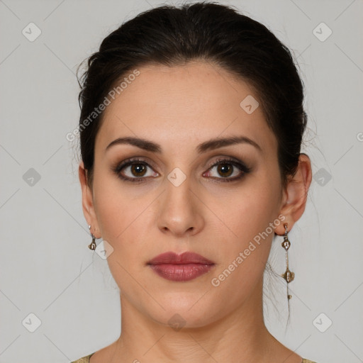 Neutral white young-adult female with medium  brown hair and brown eyes