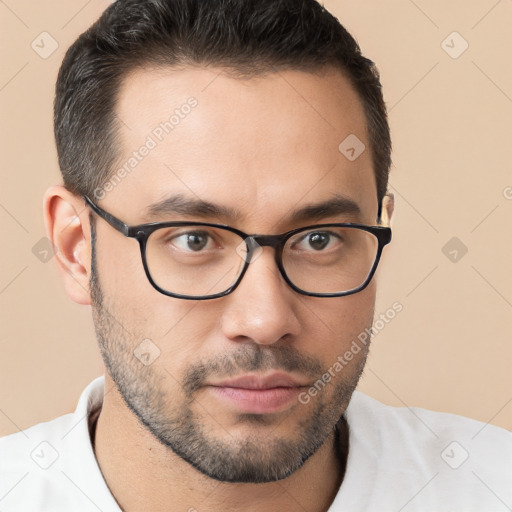 Neutral white young-adult male with short  brown hair and brown eyes