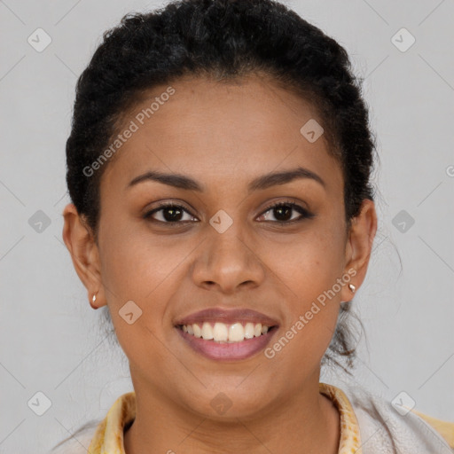 Joyful latino young-adult female with short  brown hair and brown eyes