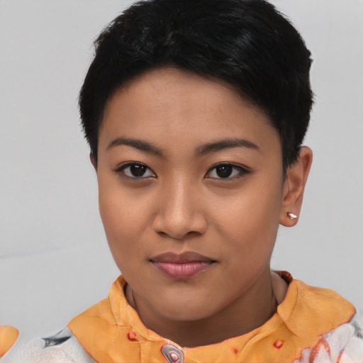 Joyful asian young-adult female with short  black hair and brown eyes