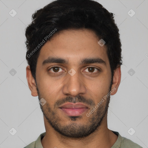 Neutral latino young-adult male with short  black hair and brown eyes