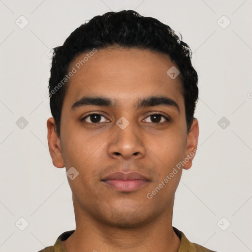 Neutral latino young-adult male with short  black hair and brown eyes