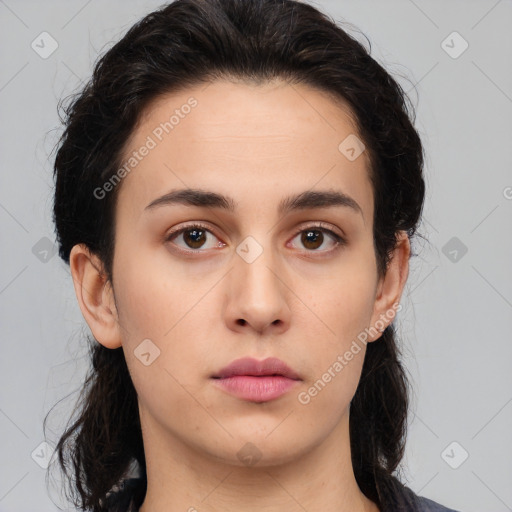 Neutral white young-adult female with medium  brown hair and brown eyes