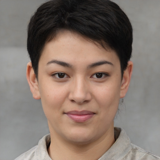 Joyful asian young-adult female with short  brown hair and brown eyes