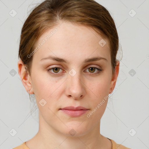 Neutral white young-adult female with medium  brown hair and grey eyes