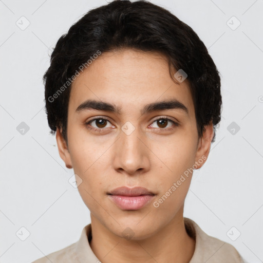 Neutral latino young-adult male with short  brown hair and brown eyes