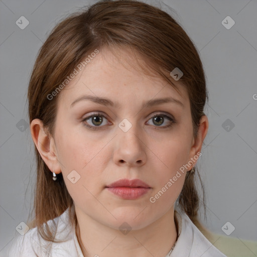 Neutral white young-adult female with medium  brown hair and grey eyes