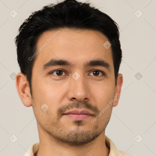 Neutral latino young-adult male with short  black hair and brown eyes