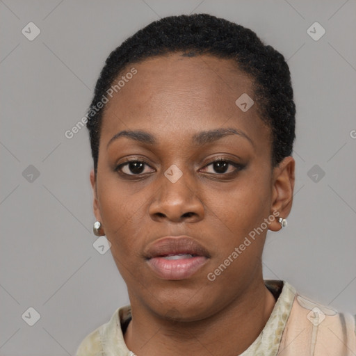 Neutral black young-adult female with short  black hair and brown eyes