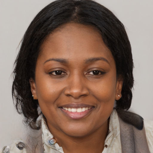Joyful black young-adult female with long  brown hair and brown eyes