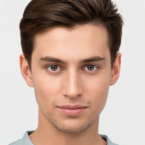 Neutral white young-adult male with short  brown hair and brown eyes