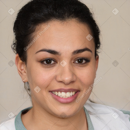 Joyful latino young-adult female with short  brown hair and brown eyes