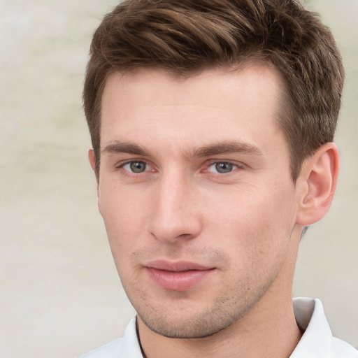 Neutral white young-adult male with short  brown hair and grey eyes