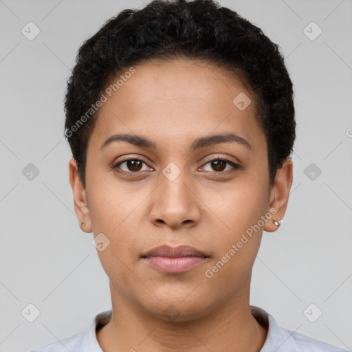 Neutral latino young-adult female with short  black hair and brown eyes