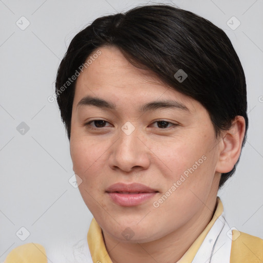 Joyful asian young-adult male with medium  brown hair and brown eyes