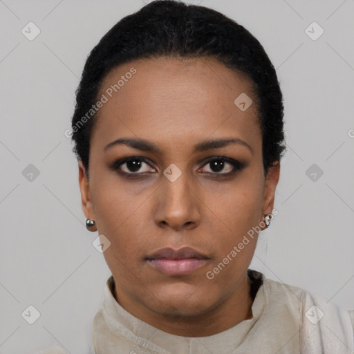 Neutral black young-adult female with short  black hair and brown eyes